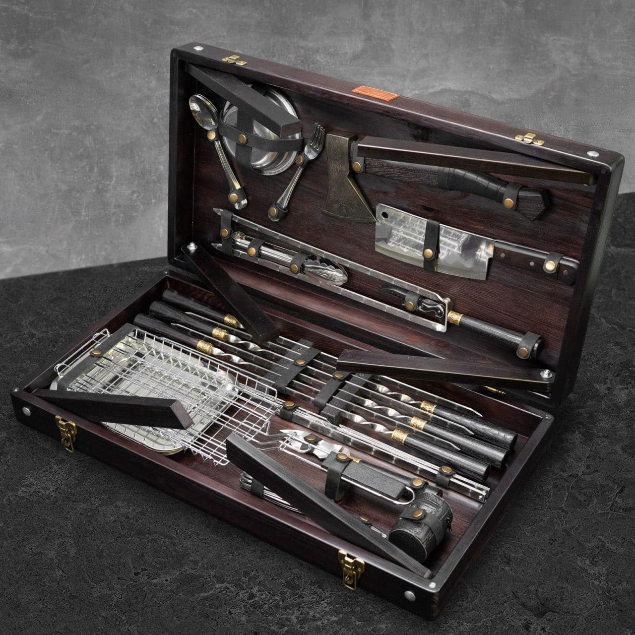 Набір шампурів та інструментів для приготування їжі на природі "Валькірія" в дерев’яному кейсі, фото 1