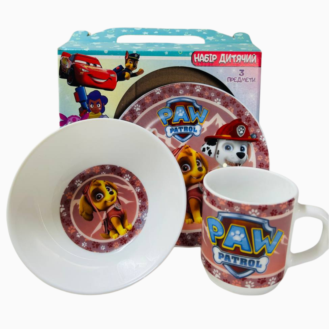Набір дитячого посуду Щенячий патруль рожевий 3 предмети склокераміка від 2х років