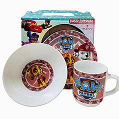 Набір дитячого посуду Щенячий патруль рожевий 3 предмети склокераміка від 2х років