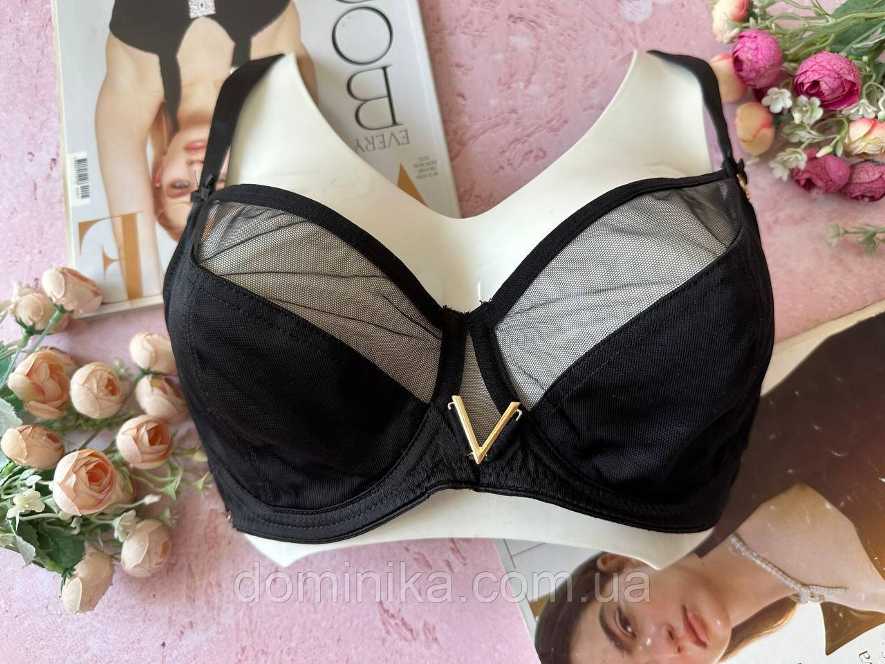 90/95/100D Бюстгальтер з елементами сіточки, на чашку D чорний