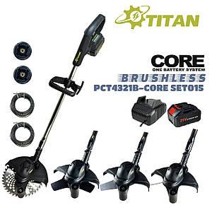 Тример акумуляторний 21В, безщітковий TITAN PCT4321B-CORE SET015