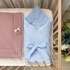 Плед-конверт муслін з напівбубонами блакитний