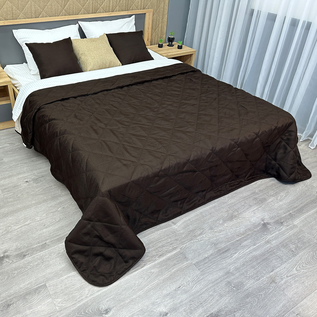Покривало (230х250 см) декоративне стьобане Decorator Flax ромб колір венге (85-069), фото 1