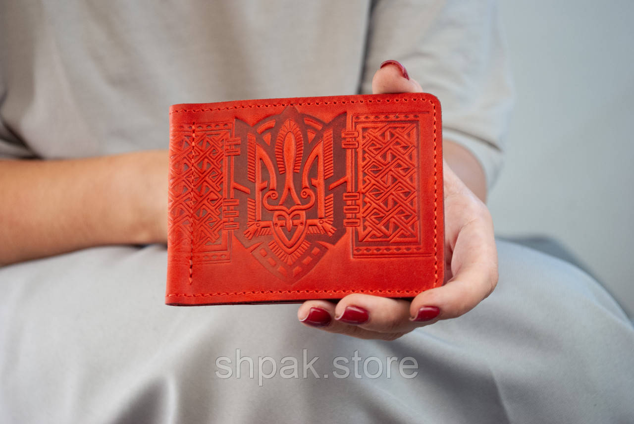 Прижим для грошей шкіряний червоний з тисненням Тризуб Герб України, фото 1
