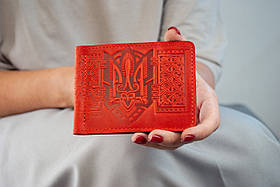 Прижим для грошей шкіряний червоний з тисненням Тризуб Герб України