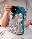 Маленька авторська Сумочка-рюкзак шкіряна сіра з бірюзовим з орнаментом Бохо, фото 4