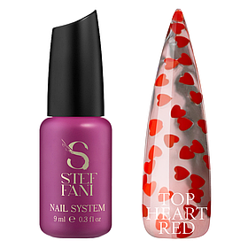 Декоративний топ для нігтів Steffani Top Heart Red прозорий з червоними сердечками, 9 мл