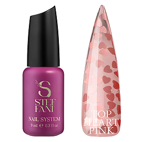 Декоративний топ для нігтів Steffani Top Heart Pink прозорий з рожевими сердечками, 9 мл