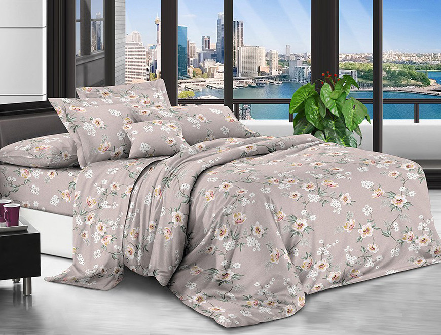 Бежева постільна тканина 220 см із дрібним квітковим принтом на бежевому, Поліестер 75 синтетичний, рулон 80 м