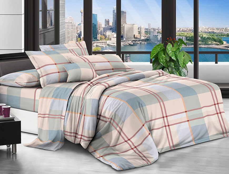 Світла постільна тканина 220 см із принтом клітинка бежево-блакитна, 100% Поліестер 75 синтетичний, рулон 80 м