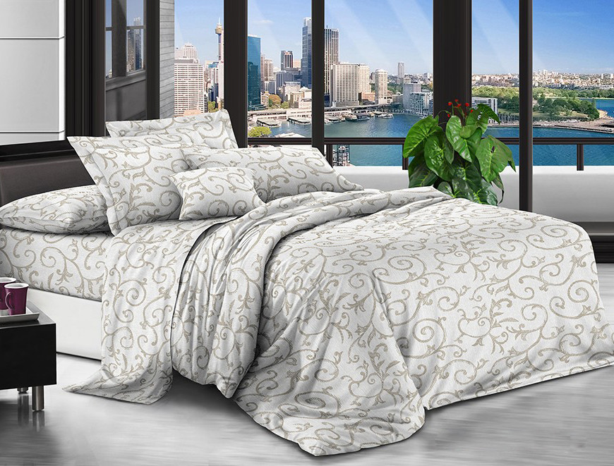 Світла постільна тканина 220 см із принтом сірий вензель завиток на білому, Поліестер 75 синтетичний, рулон 80 м