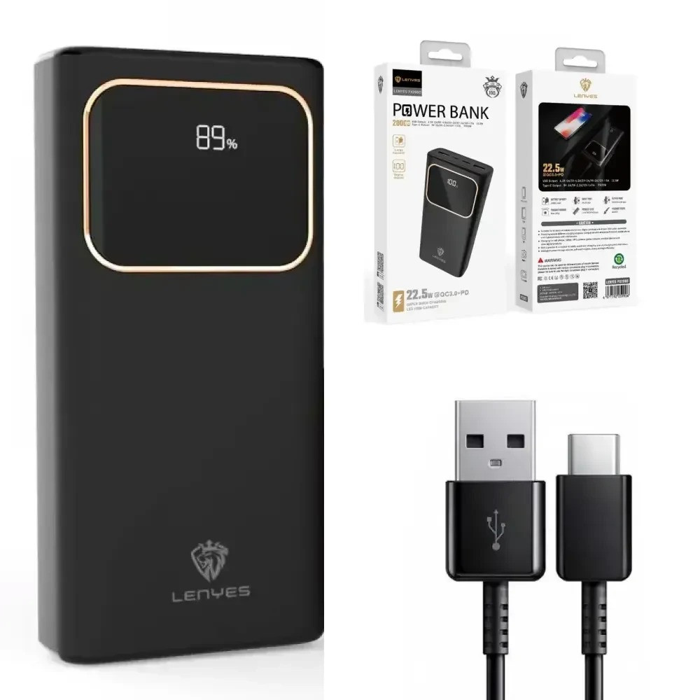 Портативний акумулятор Power Bank LENYES PX288D 20000 mAh QC3.0+PD 22.5W Зовнішній акумулятор Повербанк, чорний