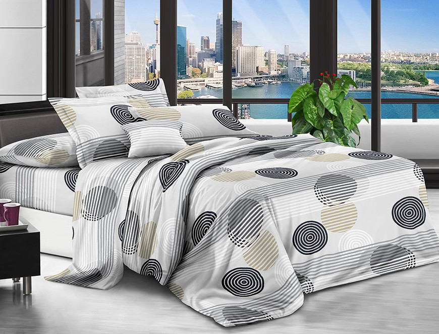 Світла сіра постільна тканина 220 см із принтом геометрія круги та смужки, Поліестер 75 синтетичний, рулон 80 м