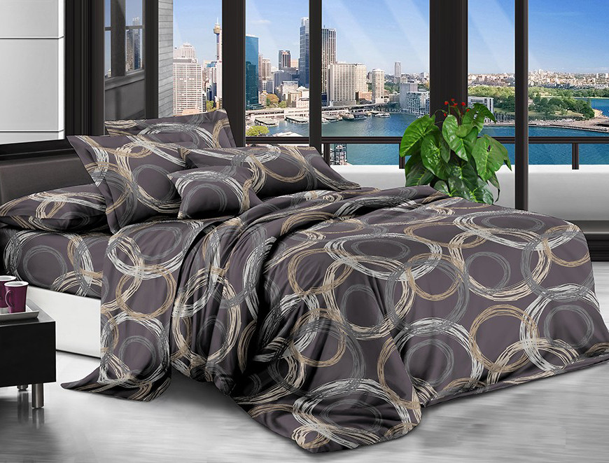 Темна постільна тканина 220 см принт геометрія кола на коричневому, Поліестер 75 синтетичний, рулон 80 м