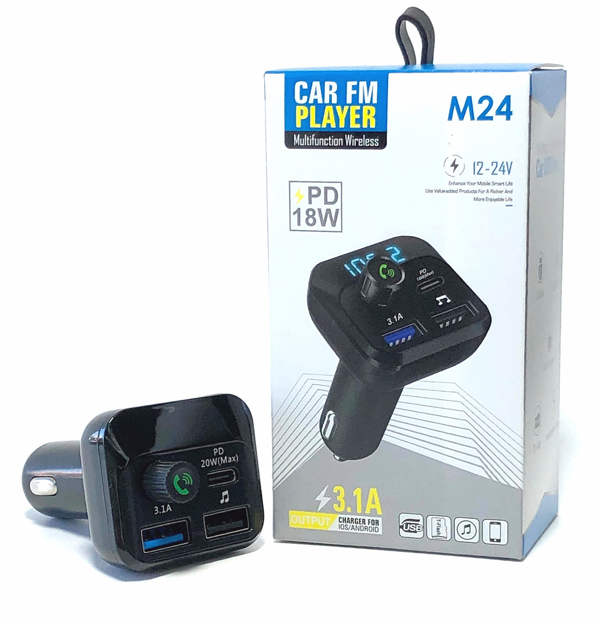 Трансмітер FM модулятор M24 (з швидкою зарядкою PD18W, bluetooth, 2USB, кнопка відповіді) Black