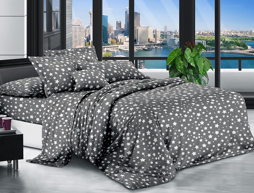 Темна постільна тканина 220 см принт зірки на сірому, Поліестер 75 синтетичний, рулон 80 м
