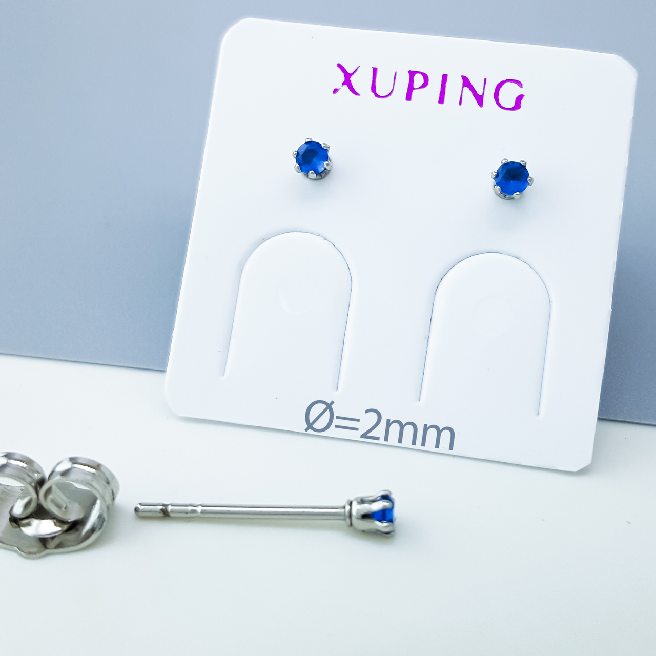 Сережки цвяшки "Сяйво" з синім цирконієм, медичне золото Xuping, родій, фото 1