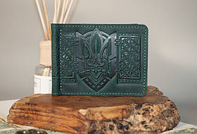 Прижим для грошей шкіряний темно-зелений з тисненням Тризуб Герб України