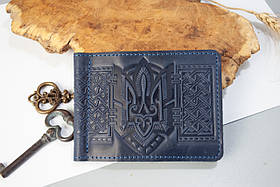 Прижим для грошей шкіряний темно-синій з тисненням Тризуб Герб України