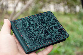 Прижим для грошей шкіряний темно-зелений з тисненням Сонечко