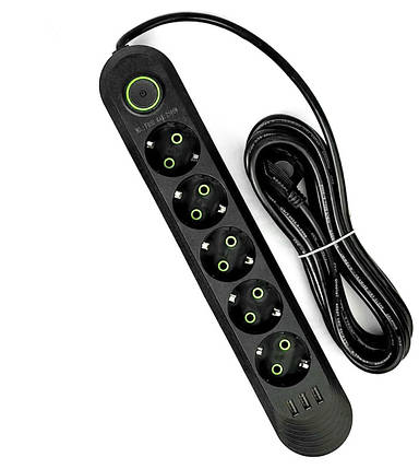 Подовжувач мережевий UA Power F05U, 3USB, 5 розеток, 6 м, чорний, фото 1