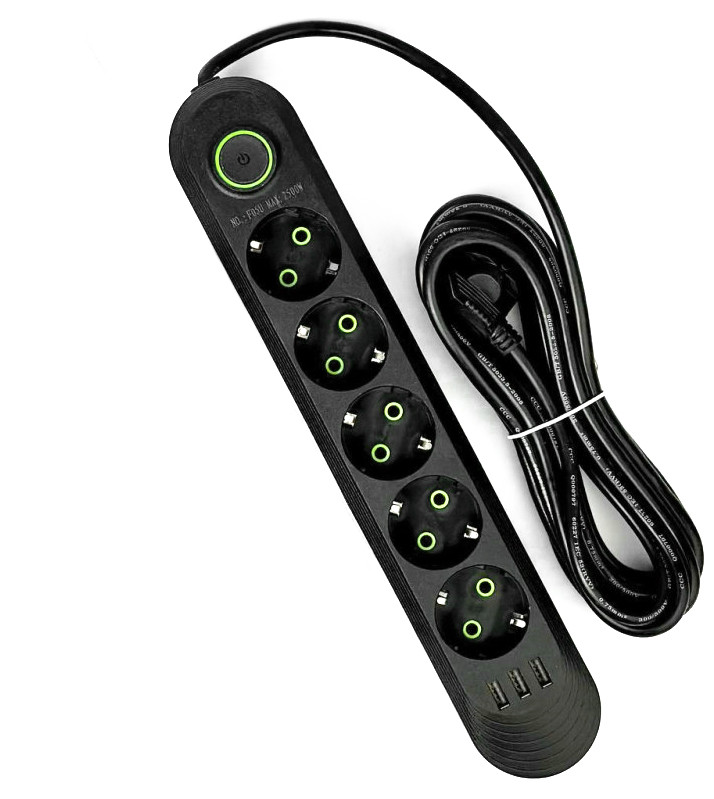 Подовжувач мережевий UA Power F05U, 3USB, 5 розеток, 6 м, чорний, фото 1