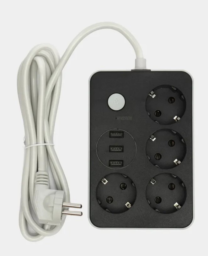 Подовжувач мережевий Power Socket 8204, 3USB, 4 розетки, 2 м, чорний, фото 1