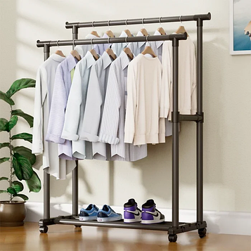 Стійка вішалка підлогова для одягу подвійна на коліщатках, внизу підставка для взуття або коробок 78*150*42см