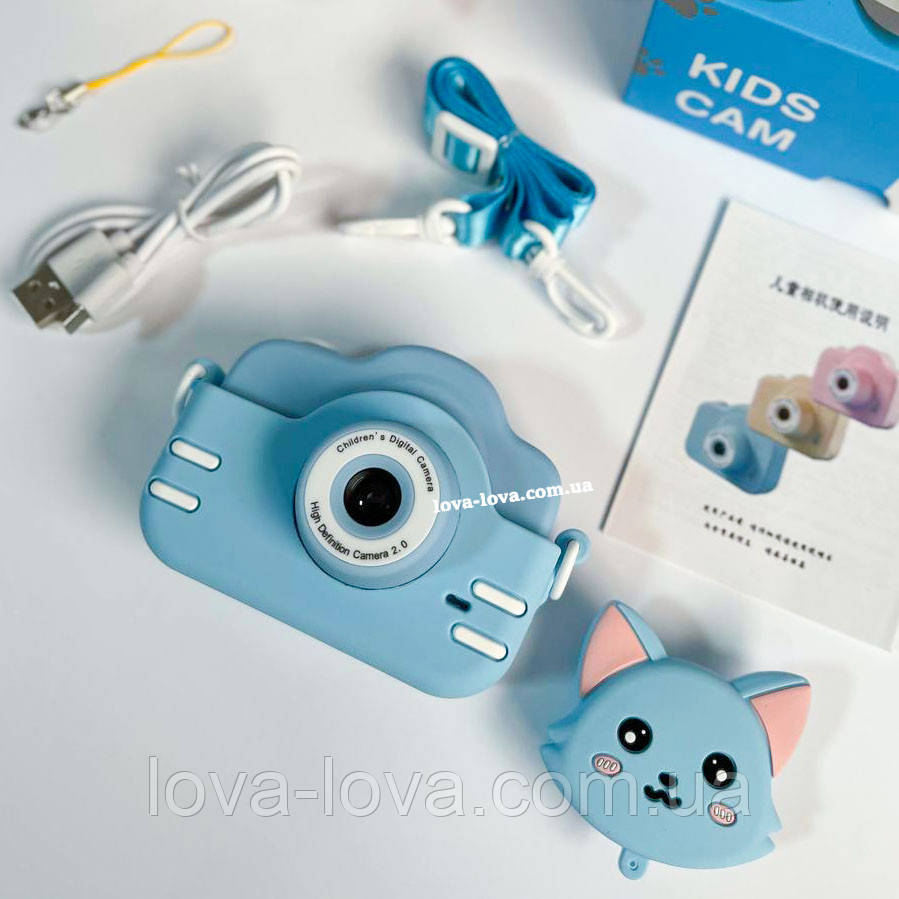 Дитячий цифровий фотоапарат на дві камери Children's Camera A3S Cat Blue у чохлі у формі котика Синій