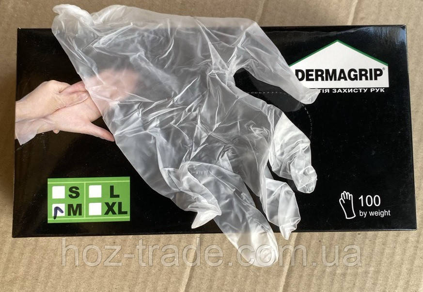 Рукавички вінілові прозорі Dermogrip 100 шт./50пар (S, M, L,XL)