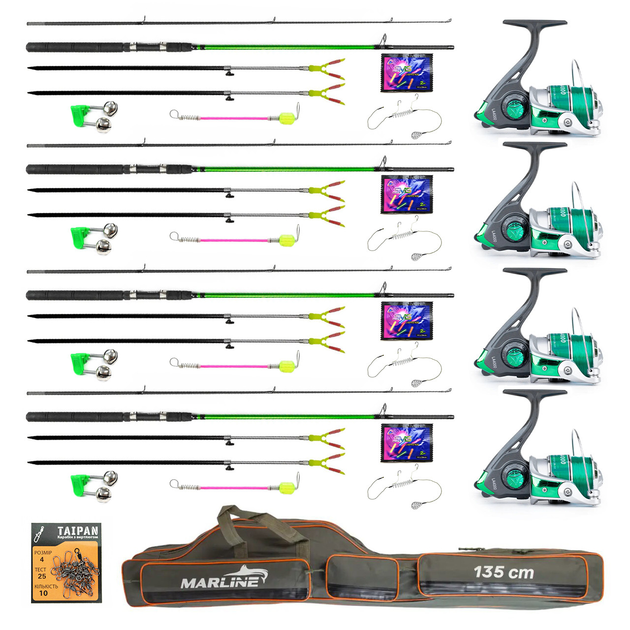 Рибальський набір "Карась-Лящ" на 4 удилища 2,10 м Kaida Challenge з котушками