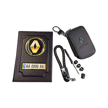 Комплект Renault, обкладинка з натуральної шкіри, ключниця, брелок, ковпачки