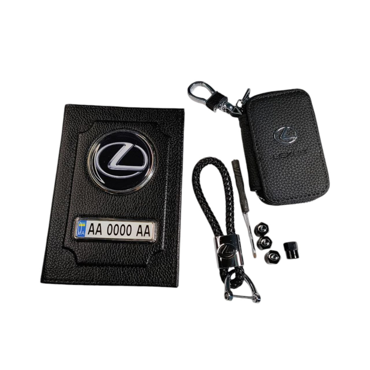 Комплект Lexus, обкладинка з натуральної шкіри, ключниця, брелок, ковпачки