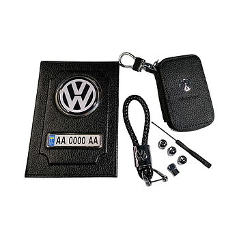 Комплект Volkswagen, обкладинка з натуральної шкіри, ключниця, брелок, ковпачки