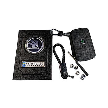 Комплект Skoda, обкладинка з натуральної шкіри, ключниця, брелок, ковпачки