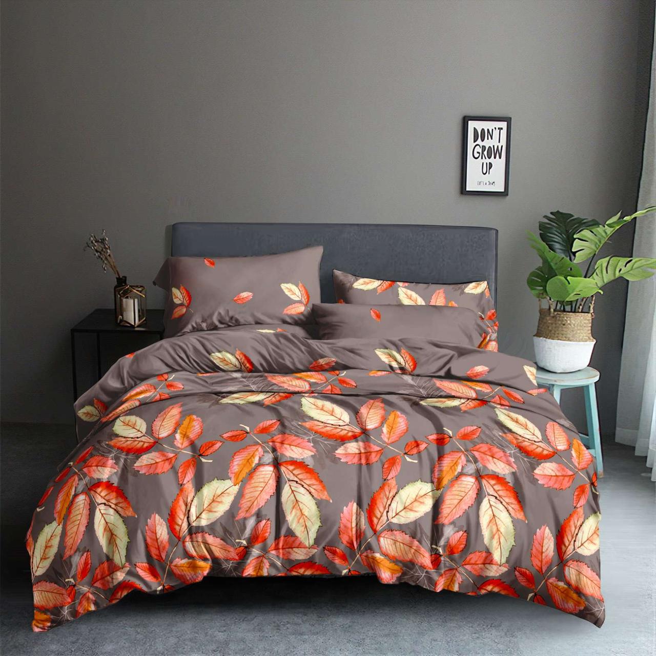 Щільна коричнева тканина 220см для постільної білизни Полісатин 135 поліестер із яскравим великим принтом осіннє листя, рулон 60м