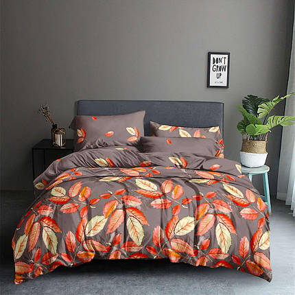 Щільна коричнева тканина 220см для постільної білизни Полісатин 135 поліестер із яскравим великим принтом осіннє листя, рулон 60м, фото 1