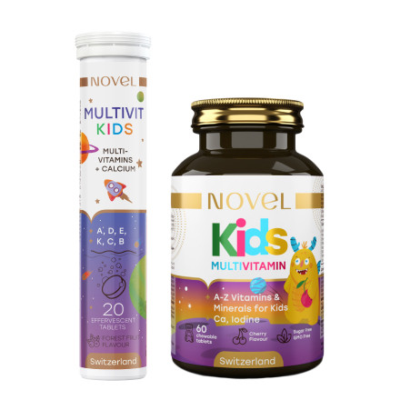 Вітаміни КІДС жувальні + Вітаміни Multivit Kids. Вітаміни для дітей NOVEL, набір з 2 банок зі знижкою 40% - фото 1 - id-p2323345107