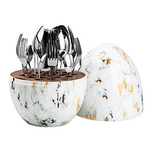 Набір столових приборів з нержавіючої сталі 24 предмети на 6 персон з підставкою Яйце мармур / Хром