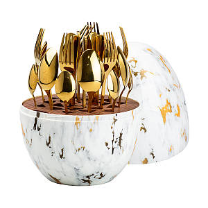 Набір столових приборів з нержавіючої сталі 24 предмети на 6 персон з підставкою Яйце мармур / Золото