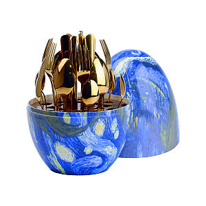 Набір столових приборів з нержавіючої сталі 24 предмети на 6 персон з підставкою Яйце Ван Гог / Золото
