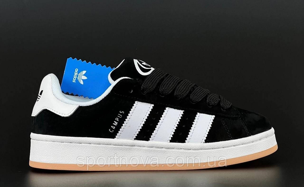 Жіночі кросівки демісезон Adidas Campus замша чорні з білим р 36-41, фото 1