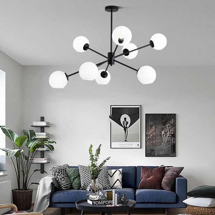 Люстра у чорному корпусі на 8 білих глянцевих плафонів F 68/8 BK, фото 1