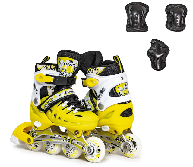 РОЛИКИ раздвижные + КОМПЛЕКТ ЗАЩИТЫ (на колени, локти и ладони) Scale Sports желтые, размеры 34-38 / 38-41