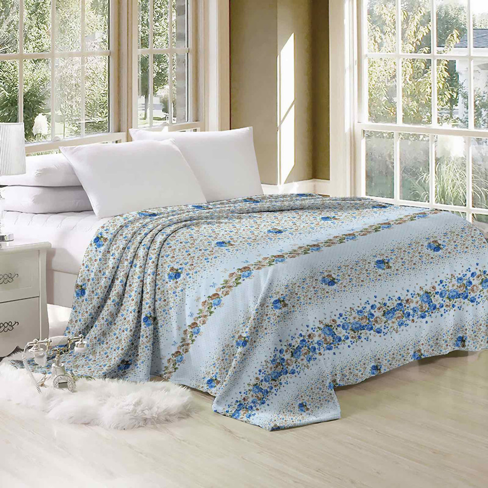 Блакитна постільна тканина 220 см набивна Фланель (байка) 100% бавовняна з принтом сині квіти, рулон 50 м