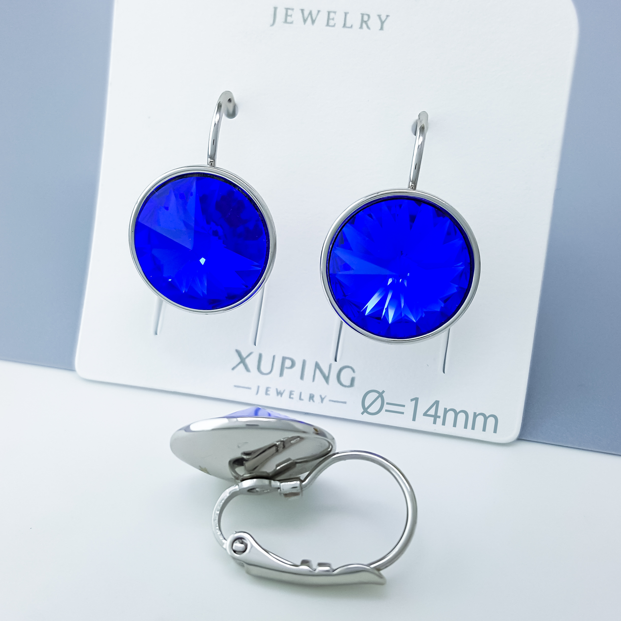 Сережки "Синій Swarovski", медичне золото Xuping, родій