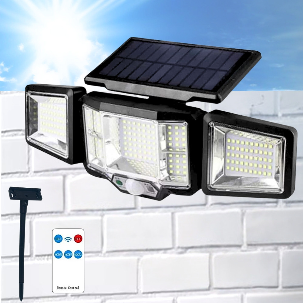 Вуличний потрійний ліхтар із сонячною панеллю JB2188 Solar 136 SMD LED прожектор з датчиком руху та пультом ДУ, фото 1