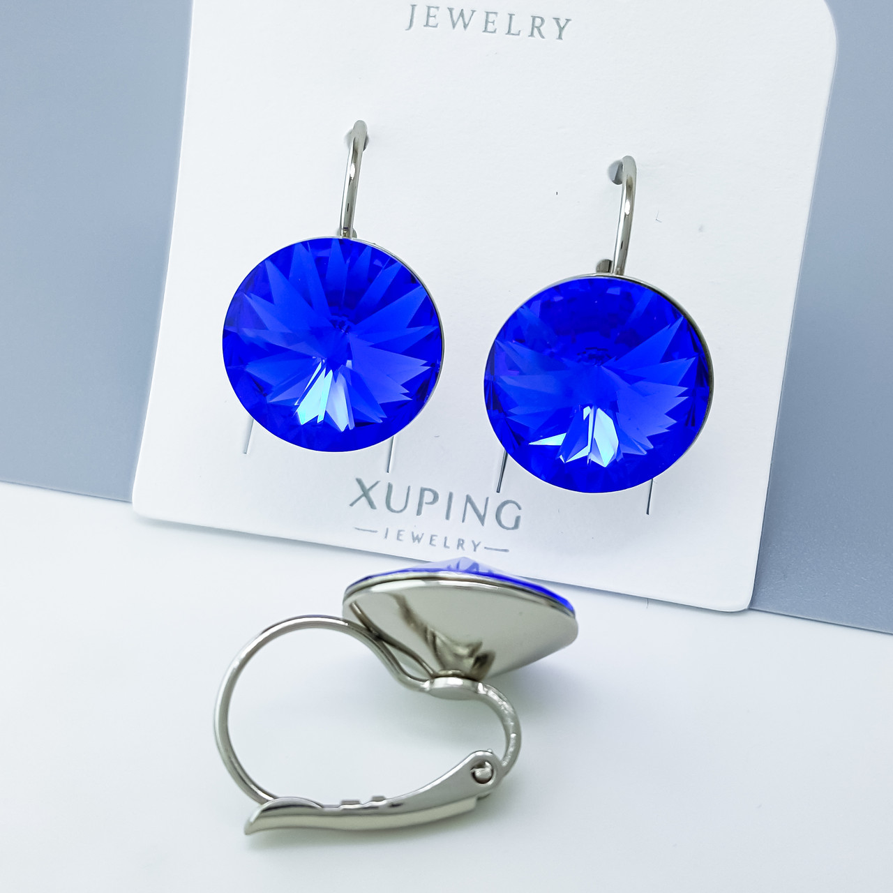Сережки "Насичено-синій Swarovski", медичне золото Xuping, родій