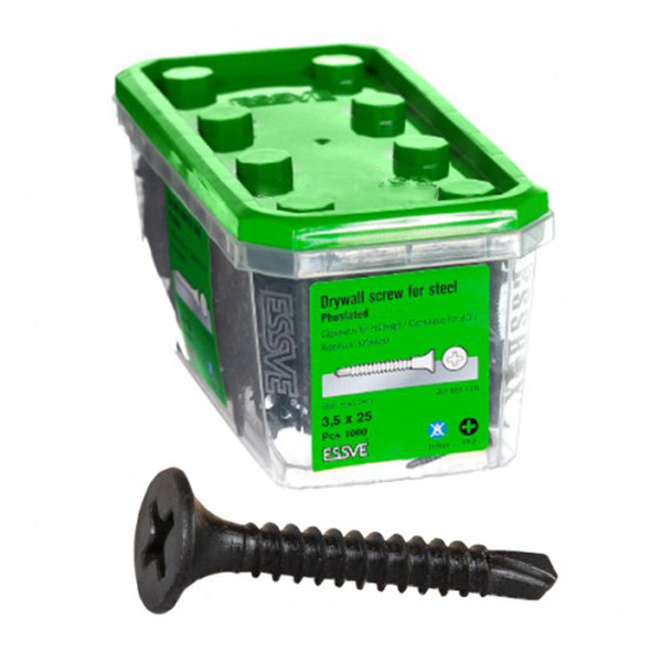 Саморізи ESSVE зі свердлом для гіпсокартону 3,5*25, фосфат. PH2 (1000 шт/уп), фото 1
