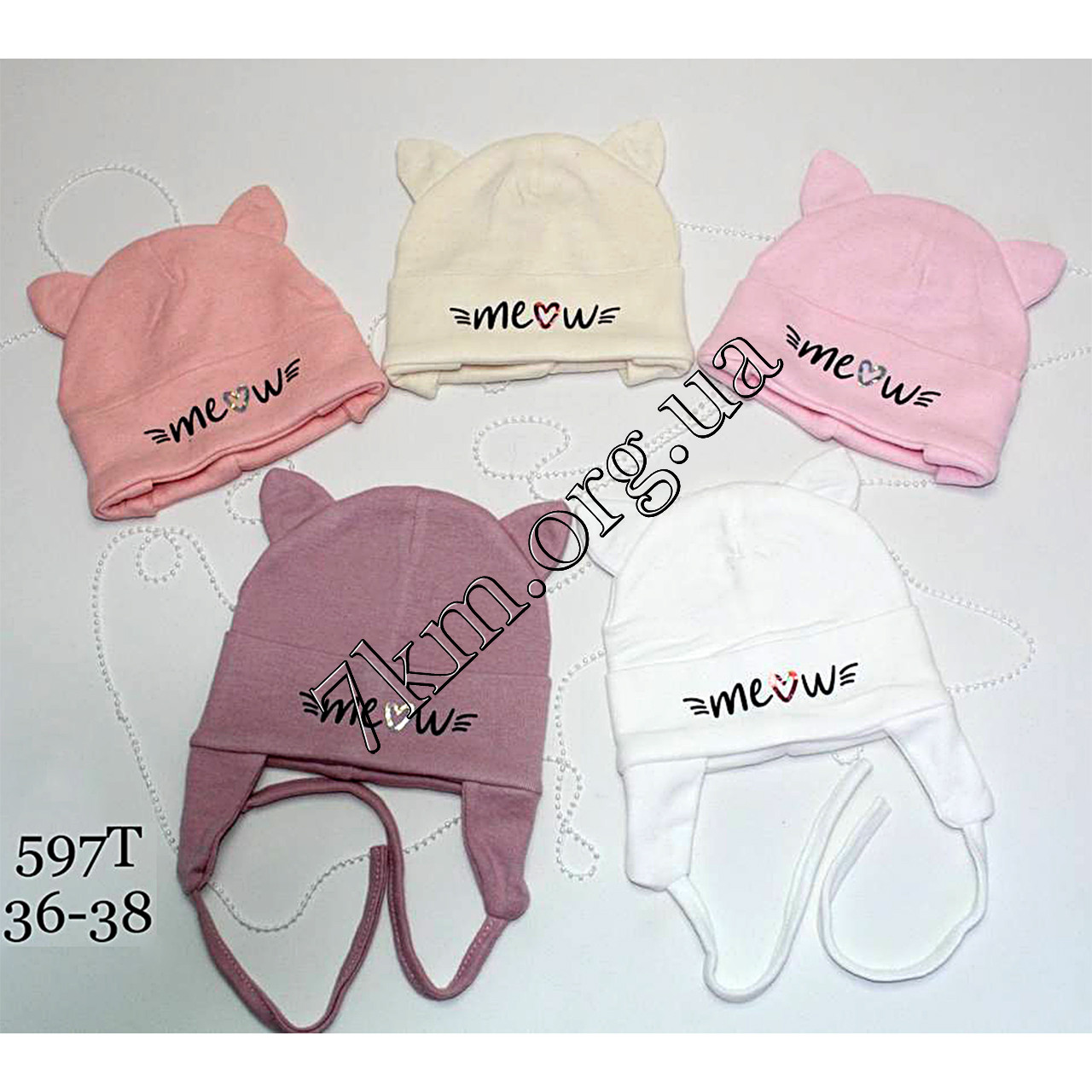 Шапка дитяча трикотажна із зав'язками Оптом для дівчаток 36-38 р.н. "Meow" 597T, фото 1